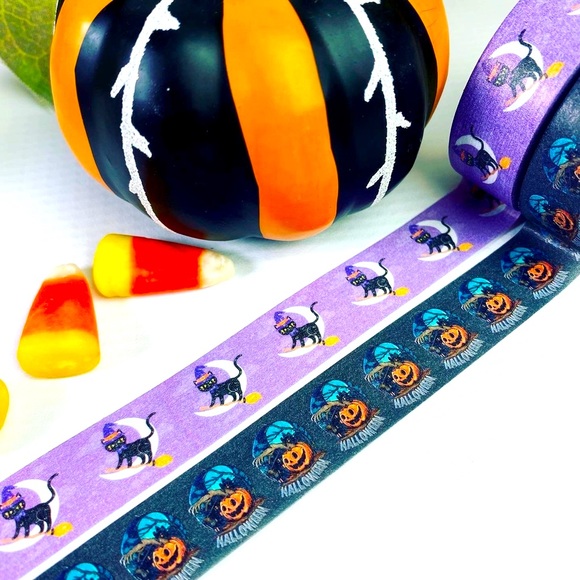 Black Cat Riding Broomstick, Halloween Scene, Washi Tape Set of 2 - Picture 5 of 10